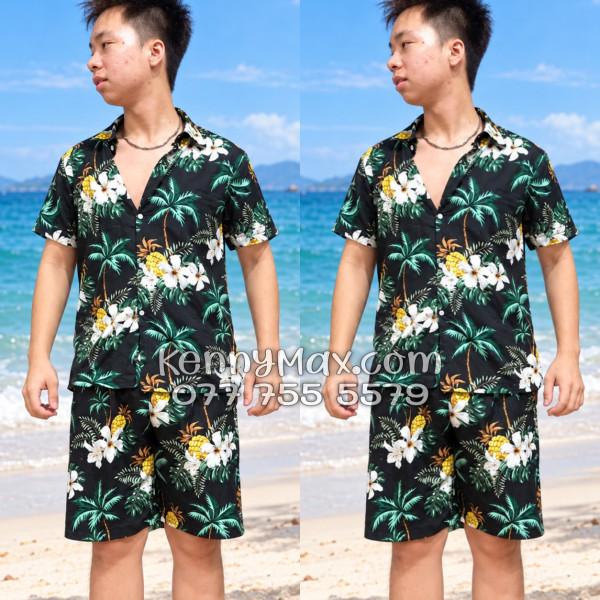 Bộ Áo Sơ Mi Quần Short Hawaiian Thơm Dứa Cây Dừa Hoa Sứ Đen Nam Nữ Đi Biển