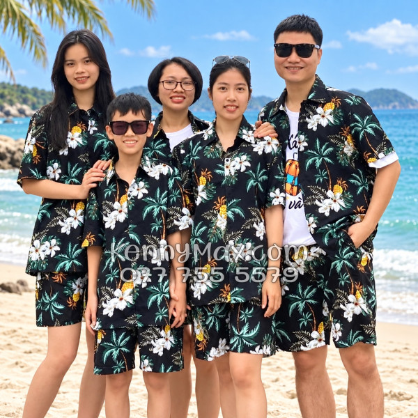Bộ Áo Sơ Mi Quần Short Hawaiian Thơm Dứa Cây Dừa Hoa Sứ Đen Nam Nữ Đi Biển