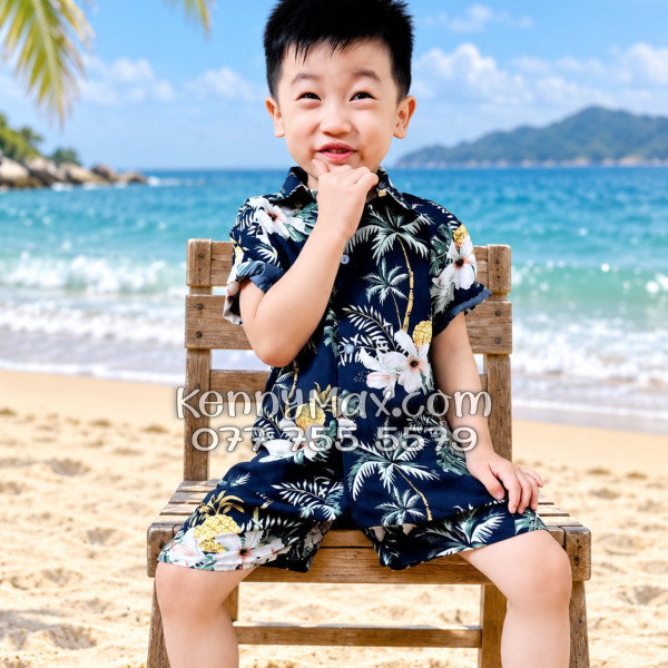 Bộ Áo Sơ Mi Quần Short Hawaiian Thơm Dứa Cây Dừa Hoa Sứ Đen Nam Nữ Đi Biển