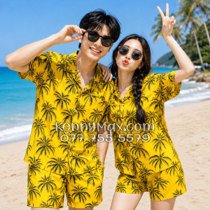 Bộ Áo Sơ Mi Quần Short Hawaiian Cây Dừa Đen Nền Vàng Nam Nữ Đi Biển