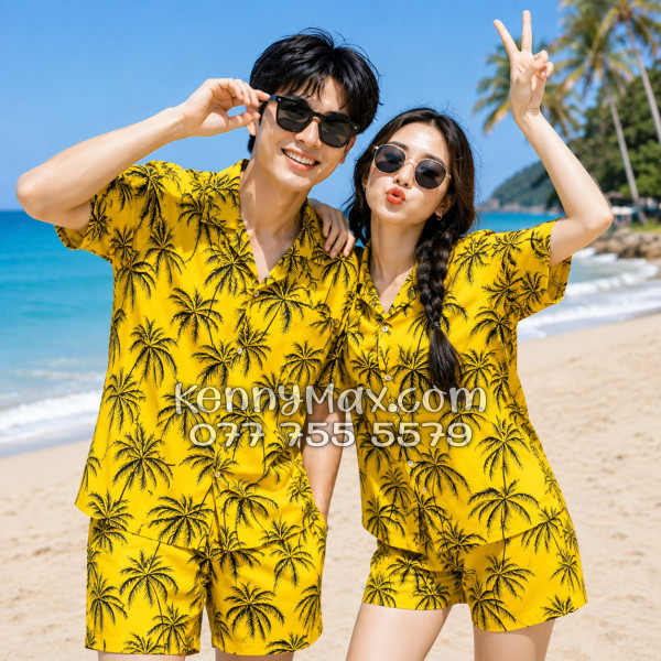 Bộ Áo Sơ Mi Quần Short Hawaiian Cây Dừa Đen Nền Vàng Nam Nữ Đi Biển