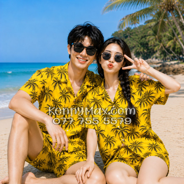 Bộ Áo Sơ Mi Quần Short Hawaiian Cây Dừa Đen Nền Vàng Nam Nữ Đi Biển