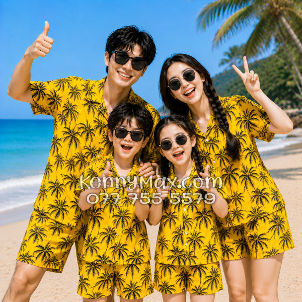 Bộ Áo Sơ Mi Quần Short Hawaiian Cây Dừa Đen Nền Vàng Nam Nữ Đi Biển