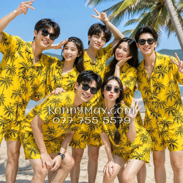 Bộ Áo Sơ Mi Quần Short Hawaiian Cây Dừa Đen Nền Vàng Nam Nữ Đi Biển