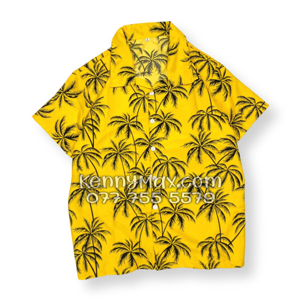 Bộ Áo Sơ Mi Quần Short Hawaiian Cây Dừa Đen Nền Vàng Nam Nữ Đi Biển