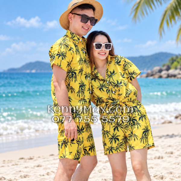 Bộ Áo Sơ Mi Quần Short Hawaiian Cây Dừa Đen Nền Vàng Nam Nữ Đi Biển