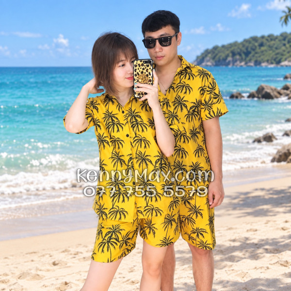 Bộ Áo Sơ Mi Quần Short Hawaiian Cây Dừa Đen Nền Vàng Nam Nữ Đi Biển