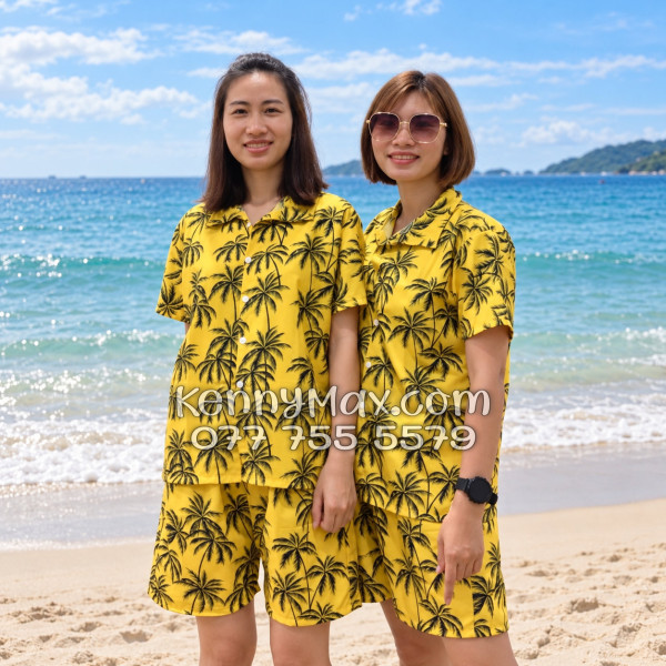 Bộ Áo Sơ Mi Quần Short Hawaiian Cây Dừa Đen Nền Vàng Nam Nữ Đi Biển