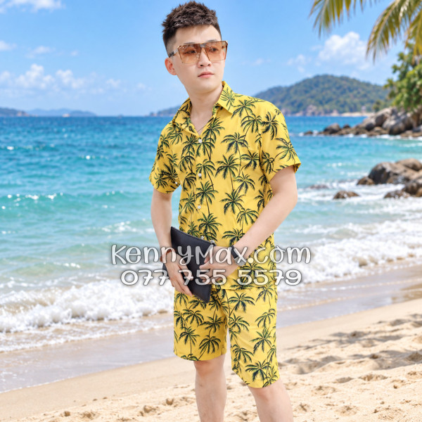 Bộ Áo Sơ Mi Quần Short Hawaiian Cây Dừa Đen Nền Vàng Nam Nữ Đi Biển