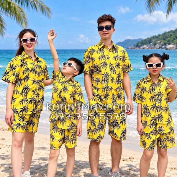Bộ Áo Sơ Mi Quần Short Hawaiian Cây Dừa Đen Nền Vàng Nam Nữ Đi Biển