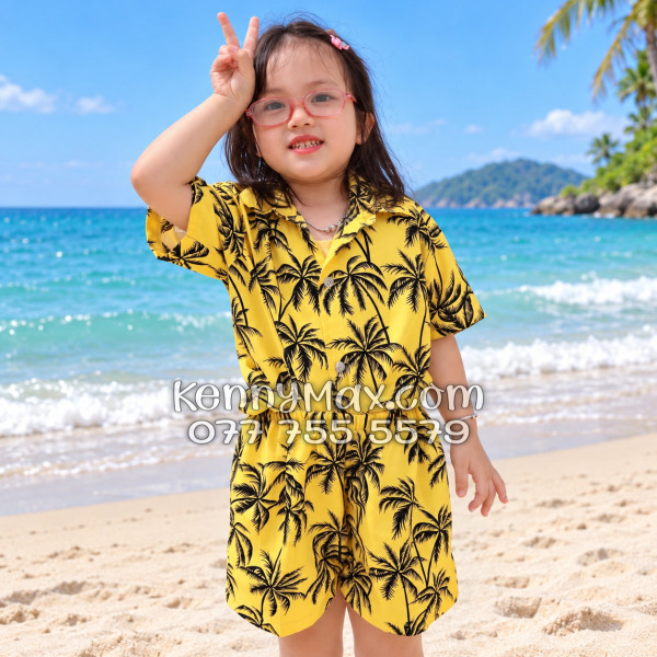 Bộ Áo Sơ Mi Quần Short Hawaiian Cây Dừa Đen Nền Vàng Nam Nữ Đi Biển