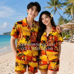 Bộ Áo Sơ Mi Quần Short Hawaiian Hoàng Hôn Cây Dừa Cam Đỏ Nam Nữ Đi Biển