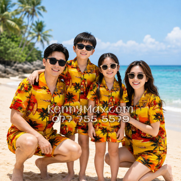 Bộ Áo Sơ Mi Quần Short Hawaiian Hoàng Hôn Cây Dừa Cam Đỏ Nam Nữ Đi Biển