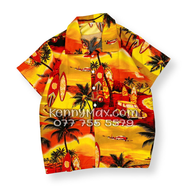 Bộ Áo Sơ Mi Quần Short Hawaiian Hoàng Hôn Cây Dừa Cam Đỏ Nam Nữ Đi Biển