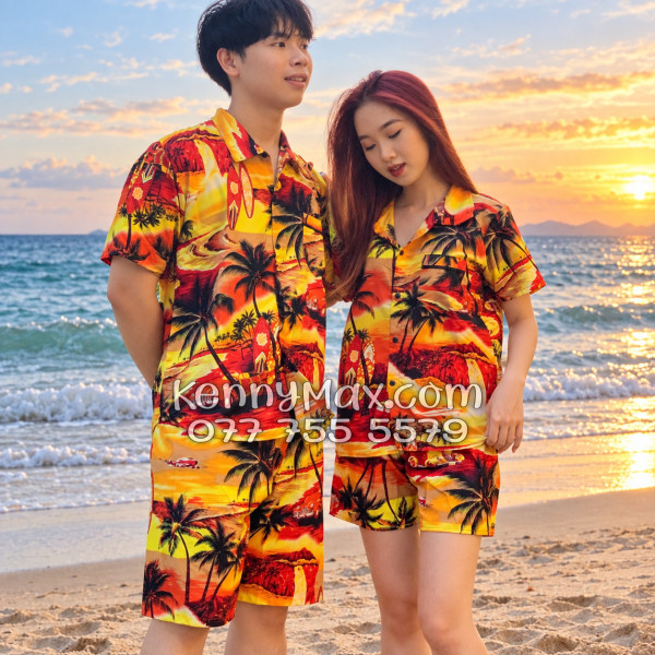 Bộ Áo Sơ Mi Quần Short Hawaiian Hoàng Hôn Cây Dừa Cam Đỏ Nam Nữ Đi Biển