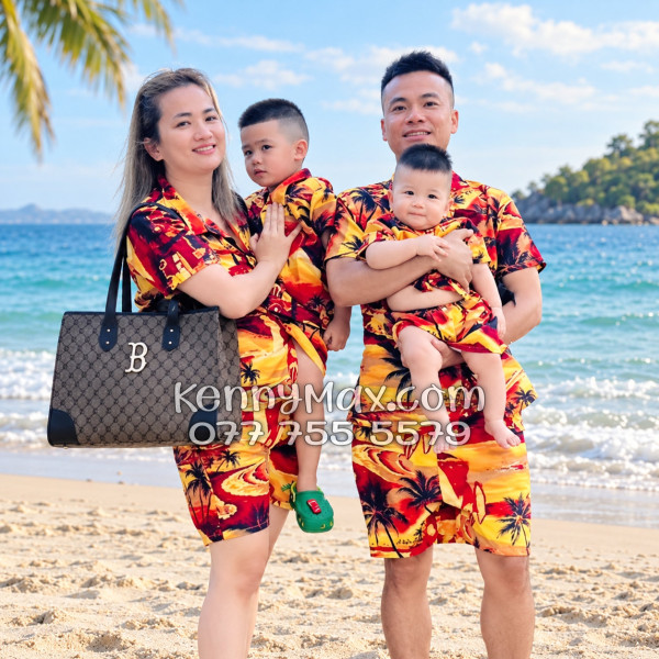 Bộ Áo Sơ Mi Quần Short Hawaiian Hoàng Hôn Cây Dừa Cam Đỏ Nam Nữ Đi Biển