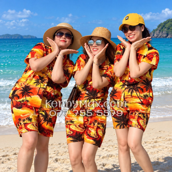 Bộ Áo Sơ Mi Quần Short Hawaiian Hoàng Hôn Cây Dừa Cam Đỏ Nam Nữ Đi Biển