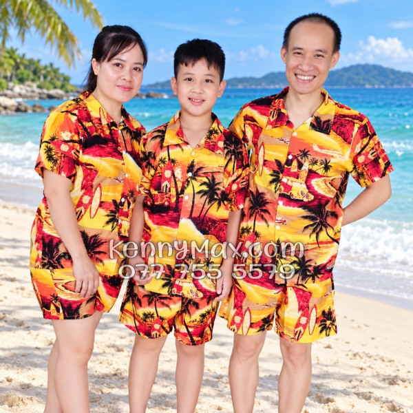 Bộ Áo Sơ Mi Quần Short Hawaiian Hoàng Hôn Cây Dừa Cam Đỏ Nam Nữ Đi Biển