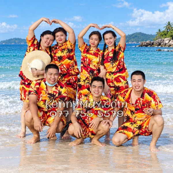 Bộ Áo Sơ Mi Quần Short Hawaiian Hoàng Hôn Cây Dừa Cam Đỏ Nam Nữ Đi Biển