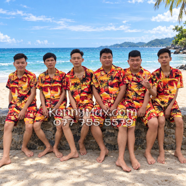 Bộ Áo Sơ Mi Quần Short Hawaiian Hoàng Hôn Cây Dừa Cam Đỏ Nam Nữ Đi Biển