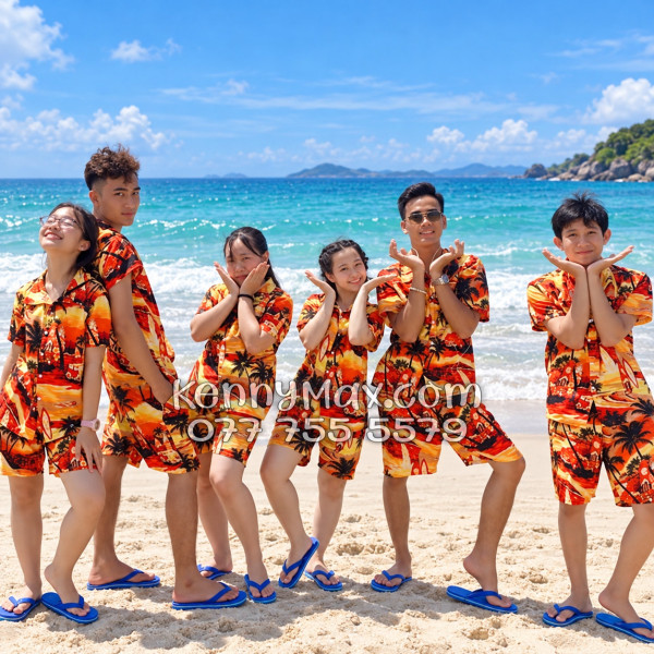 Bộ Áo Sơ Mi Quần Short Hawaiian Hoàng Hôn Cây Dừa Cam Đỏ Nam Nữ Đi Biển
