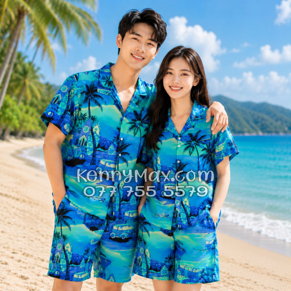 Bộ Áo Sơ Mi Quần Short Hawaiian Cây Dừa Xanh Nam Nữ Đi Biển