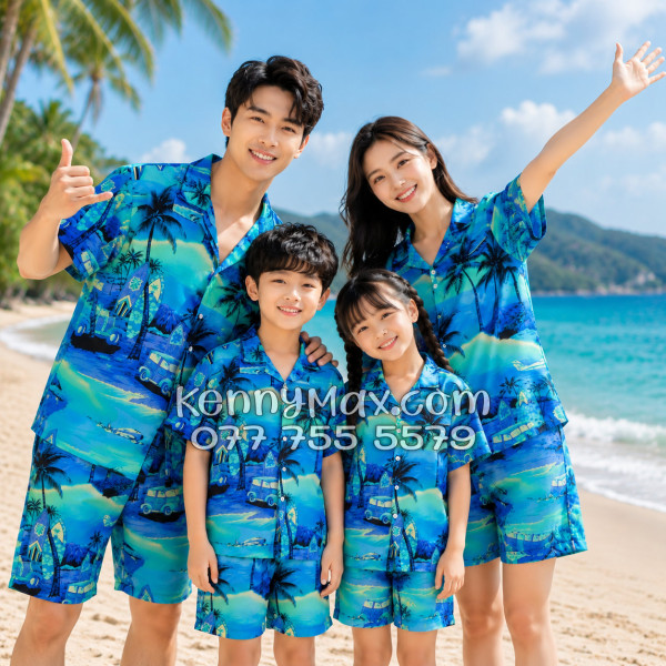 Bộ Áo Sơ Mi Quần Short Hawaiian Cây Dừa Xanh Nam Nữ Đi Biển