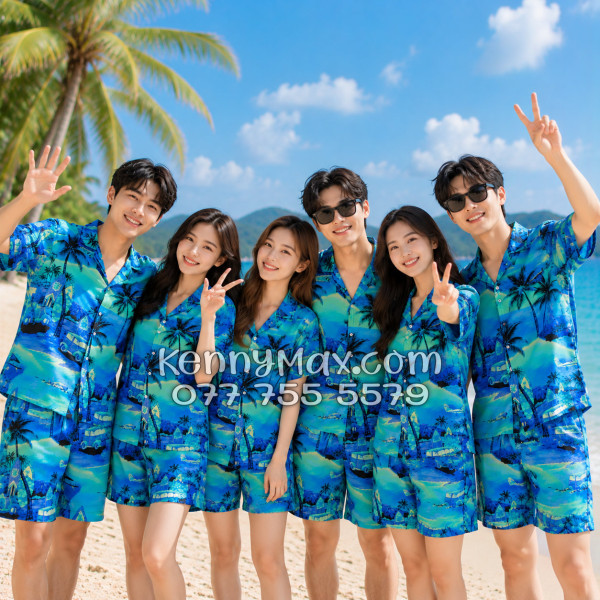 Bộ Áo Sơ Mi Quần Short Hawaiian Cây Dừa Xanh Nam Nữ Đi Biển