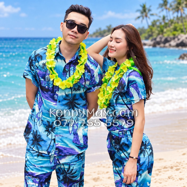 Bộ Áo Sơ Mi Quần Short Hawaiian Cây Dừa Xanh Nam Nữ Đi Biển