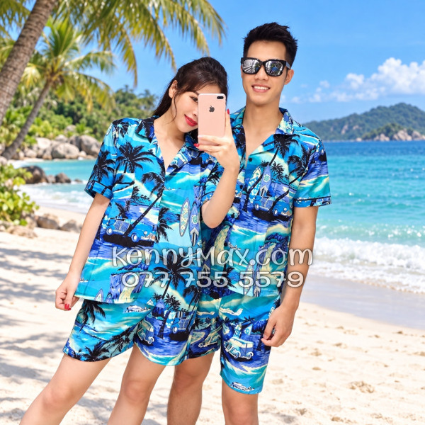 Bộ Áo Sơ Mi Quần Short Hawaiian Cây Dừa Xanh Nam Nữ Đi Biển