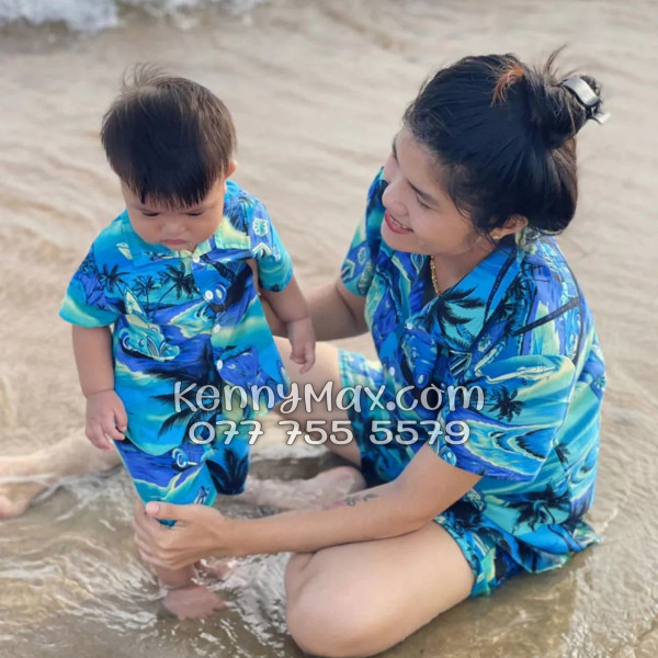 Bộ Áo Sơ Mi Quần Short Hawaiian Cây Dừa Xanh Nam Nữ Đi Biển
