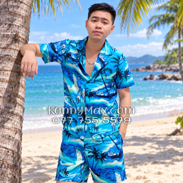 Bộ Áo Sơ Mi Quần Short Hawaiian Cây Dừa Xanh Nam Nữ Đi Biển
