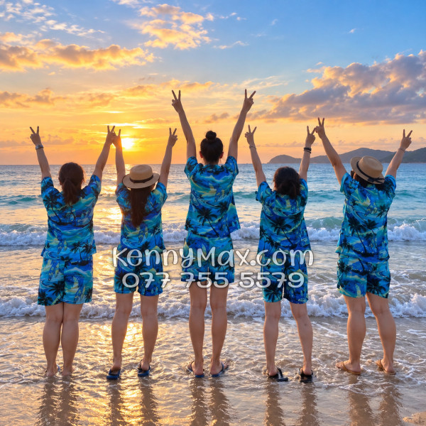 Bộ Áo Sơ Mi Quần Short Hawaiian Cây Dừa Xanh Nam Nữ Đi Biển