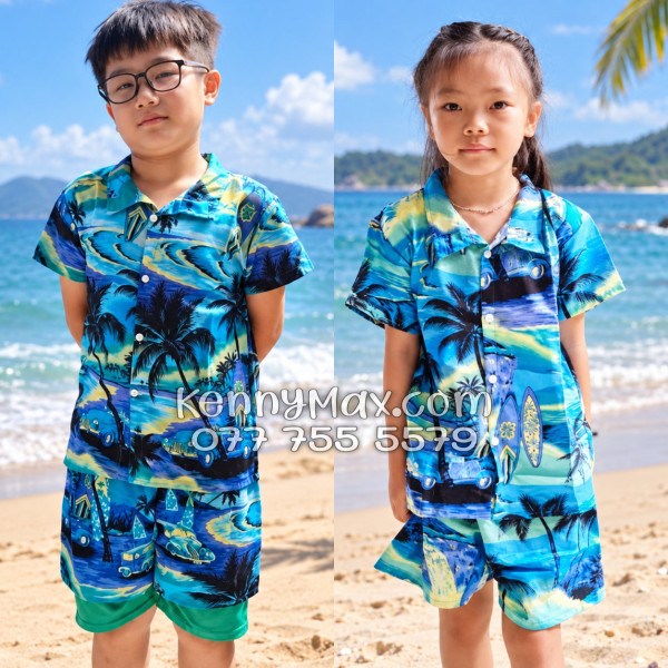 Bộ Áo Sơ Mi Quần Short Hawaiian Cây Dừa Xanh Nam Nữ Đi Biển