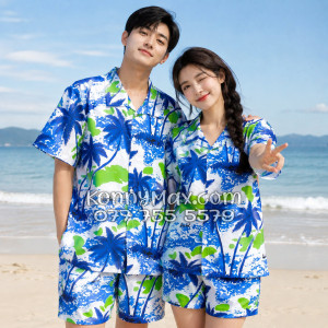 Bộ Áo Sơ Mi Quần Short Hawaiian Cây Dừa Trắng Nam Nữ Đi Biển