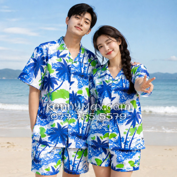 Bộ Áo Sơ Mi Quần Short Hawaiian Cây Dừa Trắng Nam Nữ Đi Biển