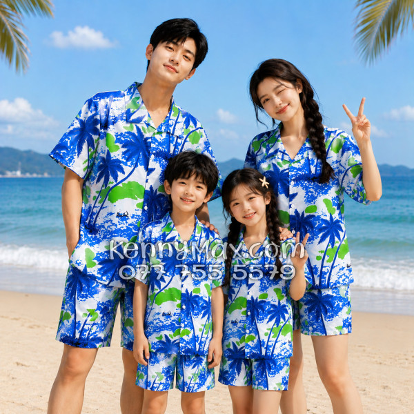 Bộ Áo Sơ Mi Quần Short Hawaiian Cây Dừa Trắng Nam Nữ Đi Biển