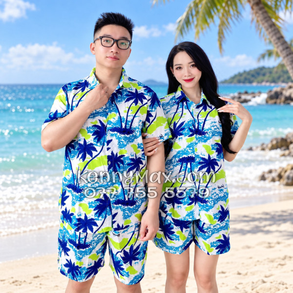 Bộ Áo Sơ Mi Quần Short Hawaiian Cây Dừa Trắng Nam Nữ Đi Biển