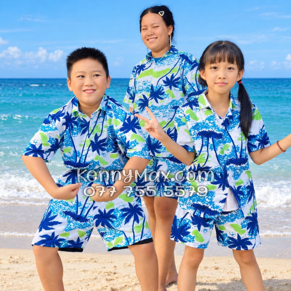 Bộ Áo Sơ Mi Quần Short Hawaiian Cây Dừa Trắng Nam Nữ Đi Biển