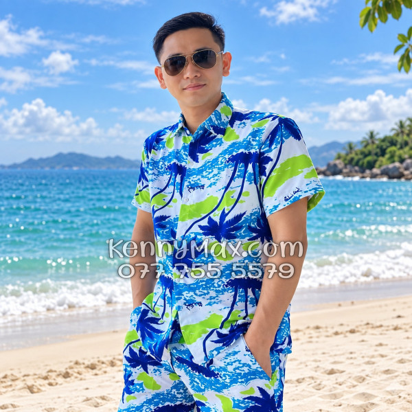 Bộ Áo Sơ Mi Quần Short Hawaiian Cây Dừa Trắng Nam Nữ Đi Biển