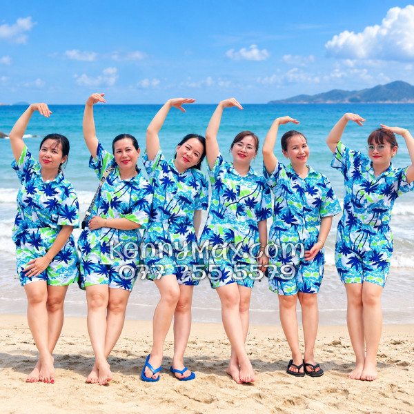 Bộ Áo Sơ Mi Quần Short Hawaiian Cây Dừa Trắng Nam Nữ Đi Biển