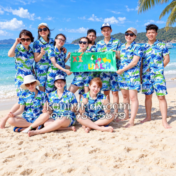 Bộ Áo Sơ Mi Quần Short Hawaiian Cây Dừa Trắng Nam Nữ Đi Biển