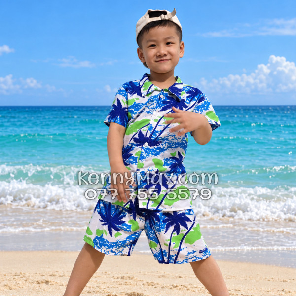 Bộ Áo Sơ Mi Quần Short Hawaiian Cây Dừa Trắng Nam Nữ Đi Biển