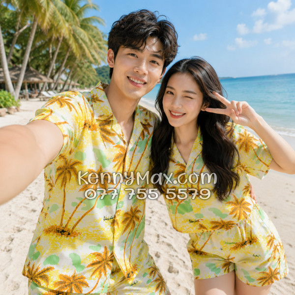 Bộ Áo Sơ Mi Quần Short Hawaiian Cây Dừa Nâu Nam Nữ Đi Biển
