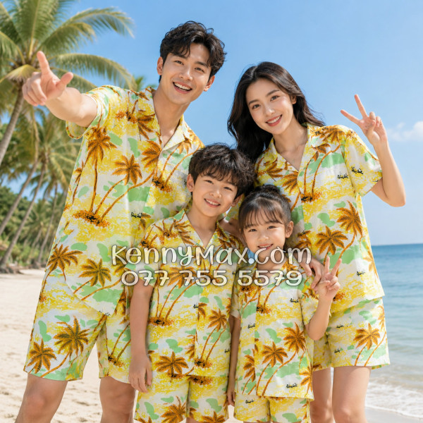 Bộ Áo Sơ Mi Quần Short Hawaiian Cây Dừa Nâu Nam Nữ Đi Biển