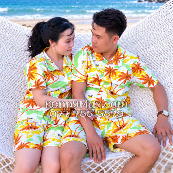 Bộ Áo Sơ Mi Quần Short Hawaiian Cây Dừa Nâu Nam Nữ Đi Biển