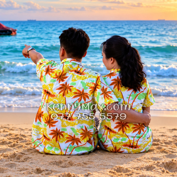 Bộ Áo Sơ Mi Quần Short Hawaiian Cây Dừa Nâu Nam Nữ Đi Biển