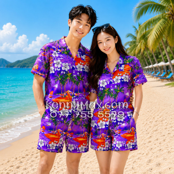 Bộ Áo Sơ Mi Quần Short Hawaiian Cây Dừa Tím Nam Nữ Đi Biển
