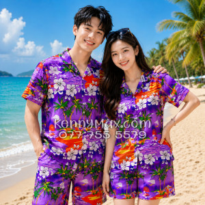Bộ Áo Sơ Mi Quần Short Hawaiian Cây Dừa Tím Nam Nữ Đi Biển