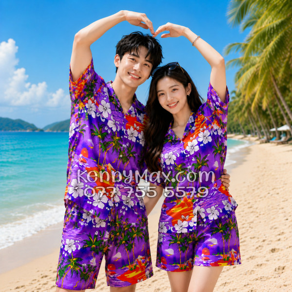 Bộ Áo Sơ Mi Quần Short Hawaiian Cây Dừa Tím Nam Nữ Đi Biển
